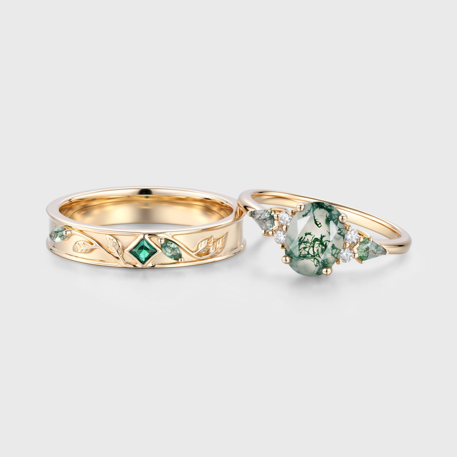 Forever Glow Moss Agate Couple Rings | Rose Gold Leaf Wedding Bridal Set