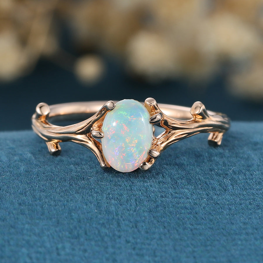 Nature Inspired Oval cut Opal Leaf Engagement Ring