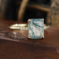 Emerald cut Moss Agate Side Stone Engagement Ring