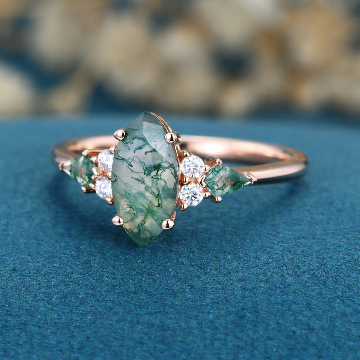 Marquise cut Moss Agate Solid Gold Engagement Ring