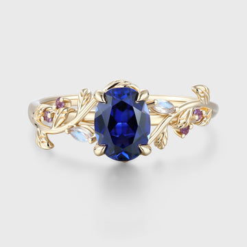 Oval Cut Lab Sapphire Leaf Engagement ring