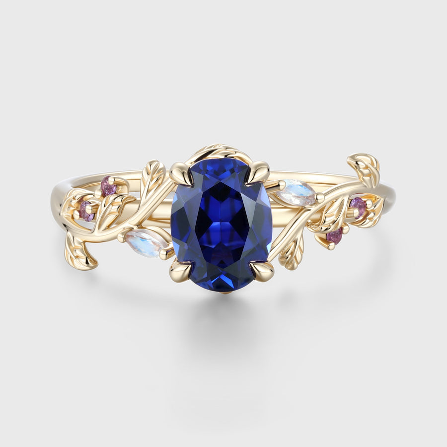 Oval Cut Lab Sapphire Leaf Engagement ring