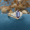 Long Hexagon cut Alexandrite Engagement Ring Bridal Set 