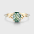 Oval cut Moss Agate Leaf Gold Pave Diamonds Engagement Ring