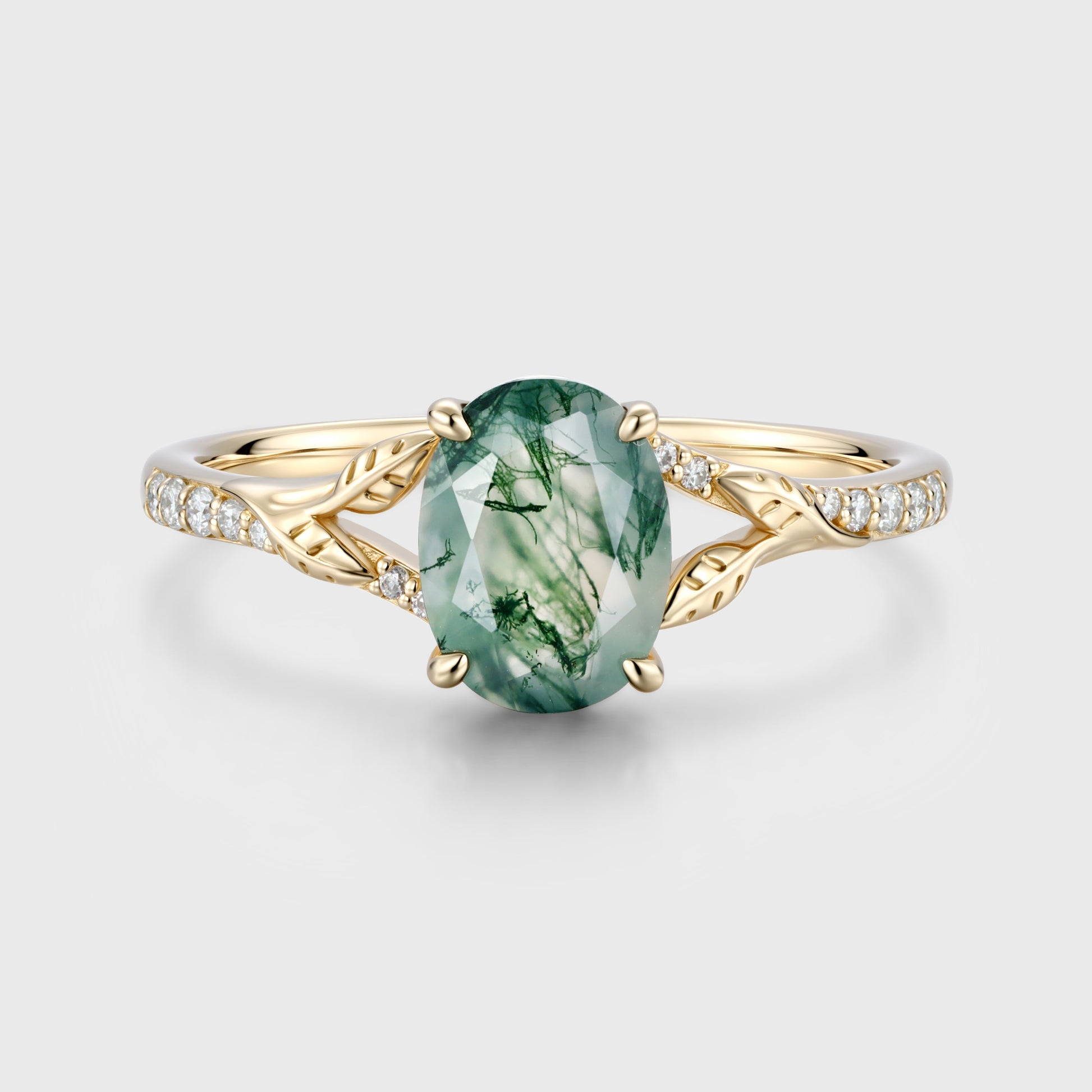 Oval cut Moss Agate Leaf Gold Pave Diamonds Engagement Ring