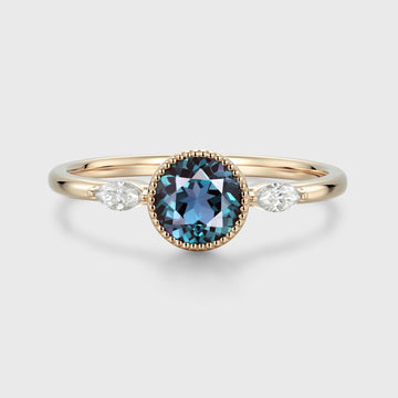 Bezel setting Round cut Lab Alexandrite Gold Engagement Ring