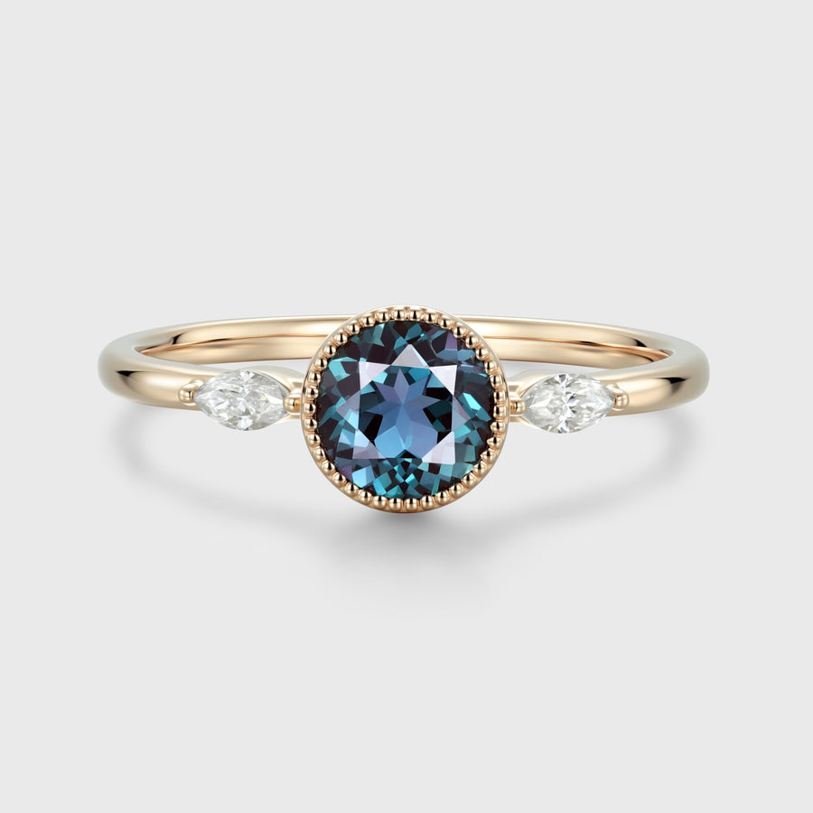 Bezel setting Round cut Lab Alexandrite Gold Engagement Ring