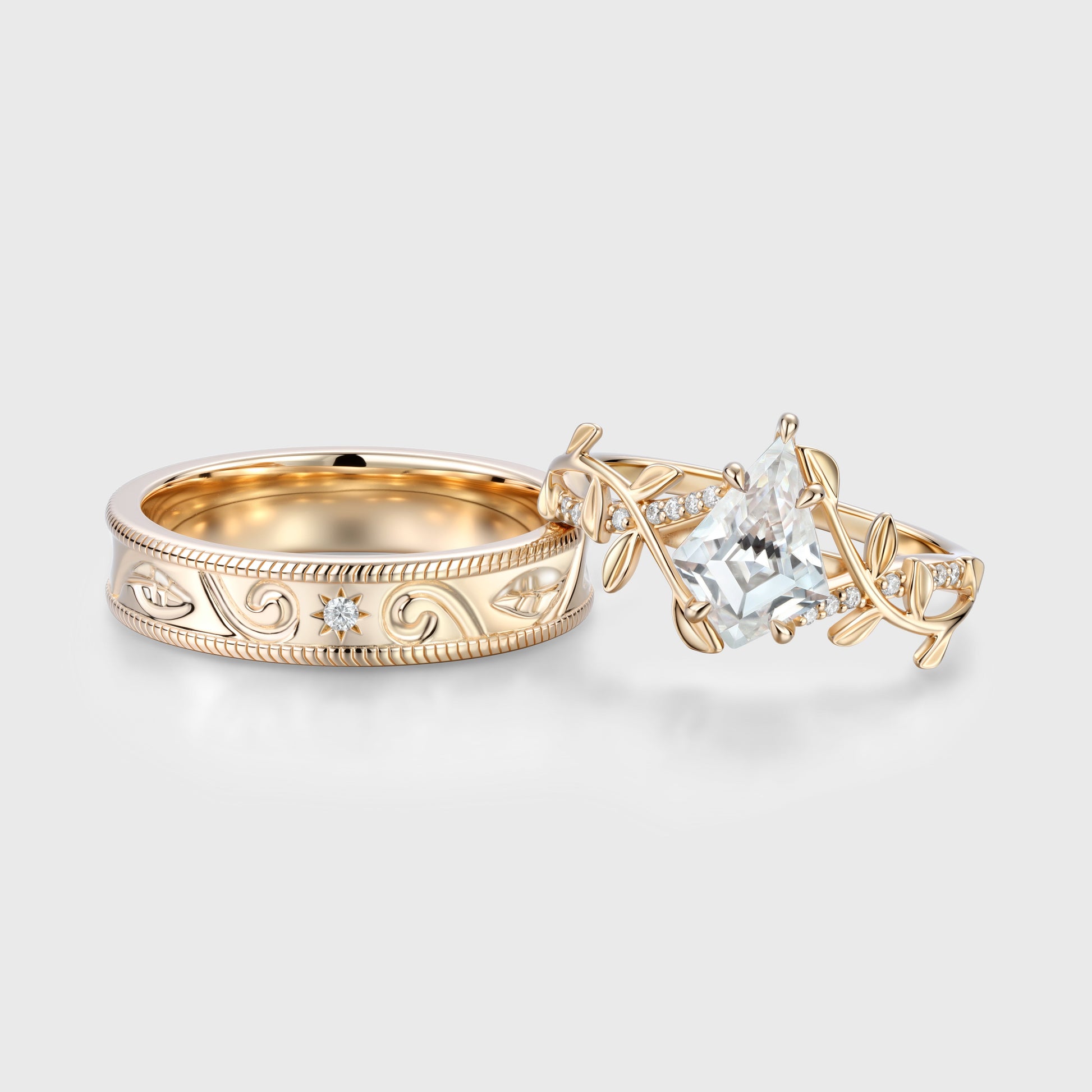 Forever Glow Moissanite Couple Rings |  D Color VVS1 | Rose Gold Leaf Wedding Bridal Set