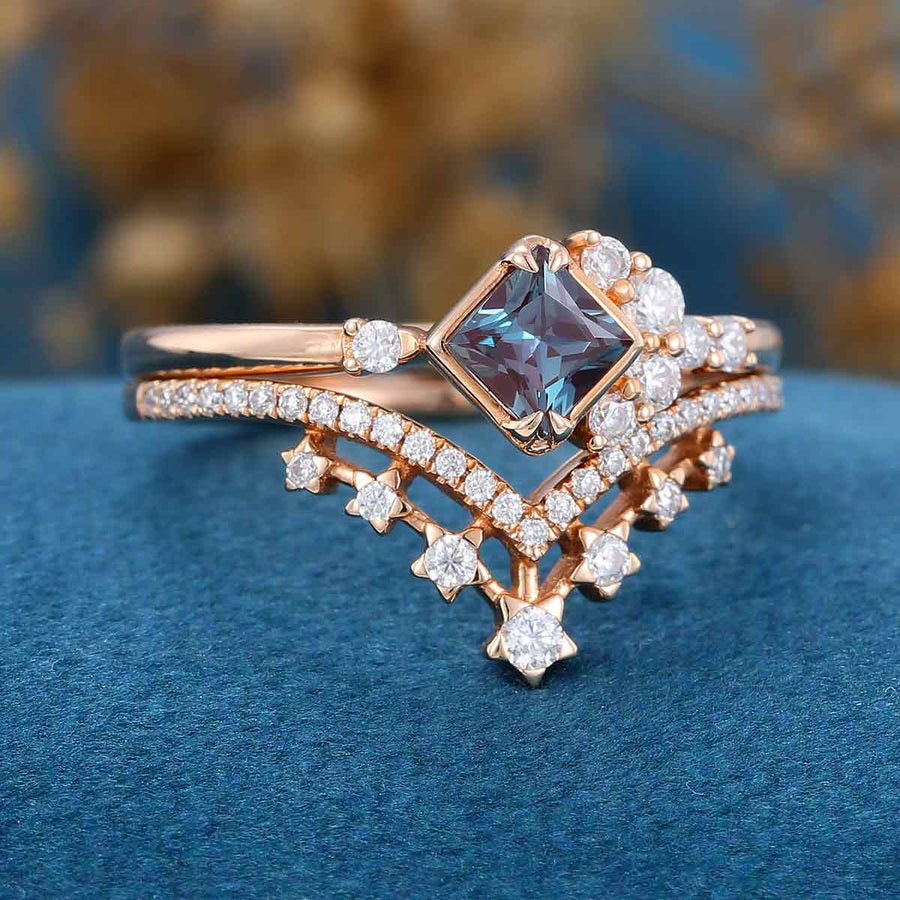 Princess cut Lab Alexandrite | Diamond Wedding Bridal Set