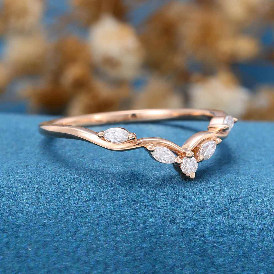 Marquise cut Moissanite | Diamond Rose gold Curved Wedding Band