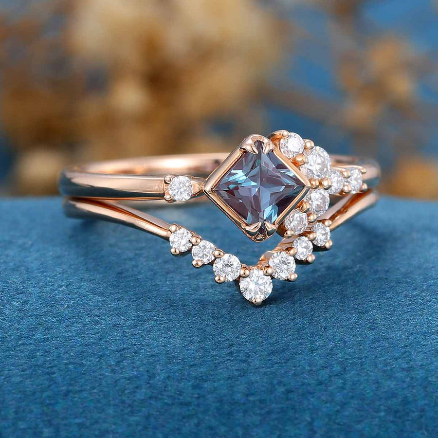 Princess cut Lab Alexandrite | Diamond Wedding Bridal Set