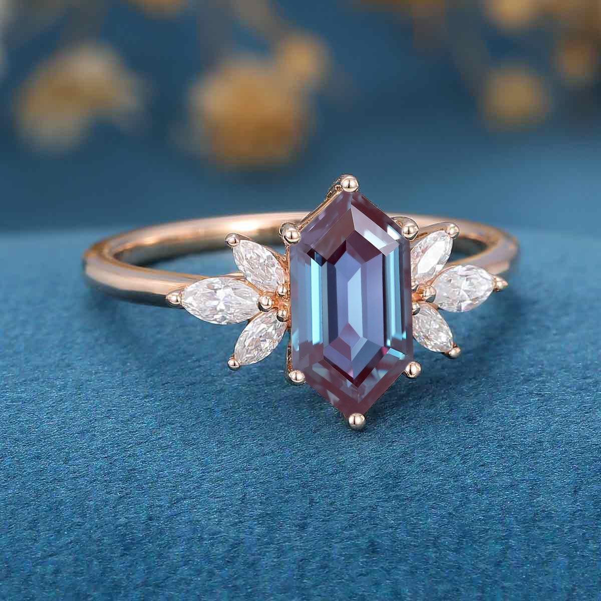 Long Hexagon cut Alexandrite | Diamond Engagement ring 