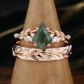 Forever Glow Moss Agate Couple Rings | Rose Gold Leaf Wedding Bridal Set