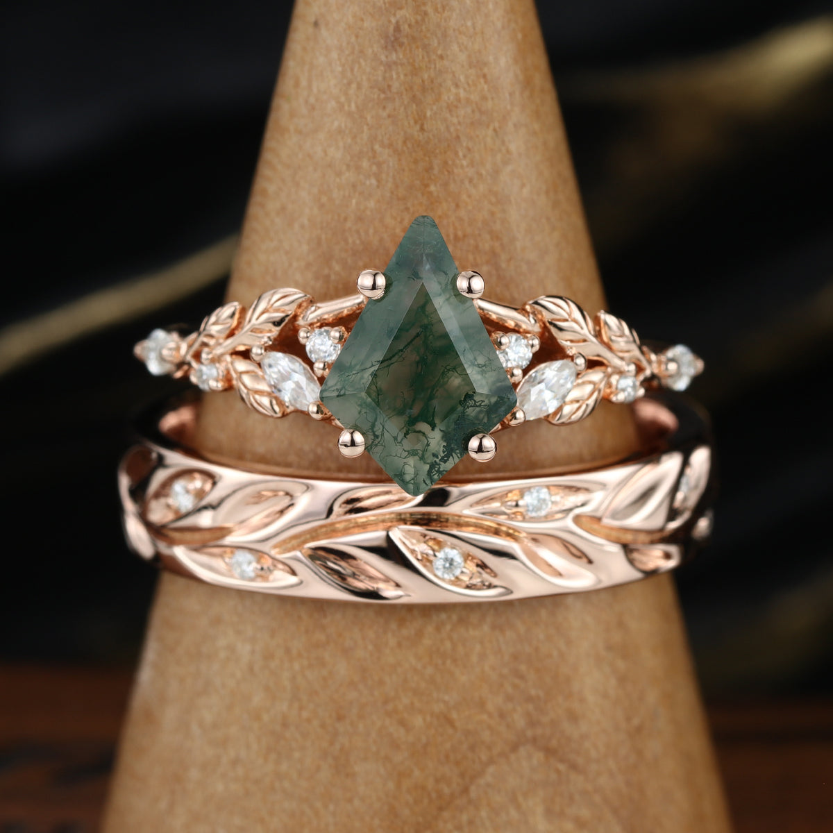 Forever Glow Moss Agate Couple Rings | Rose Gold Leaf Wedding Bridal Set