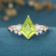 Kite Cut Olivine Cluster Engagement Ring