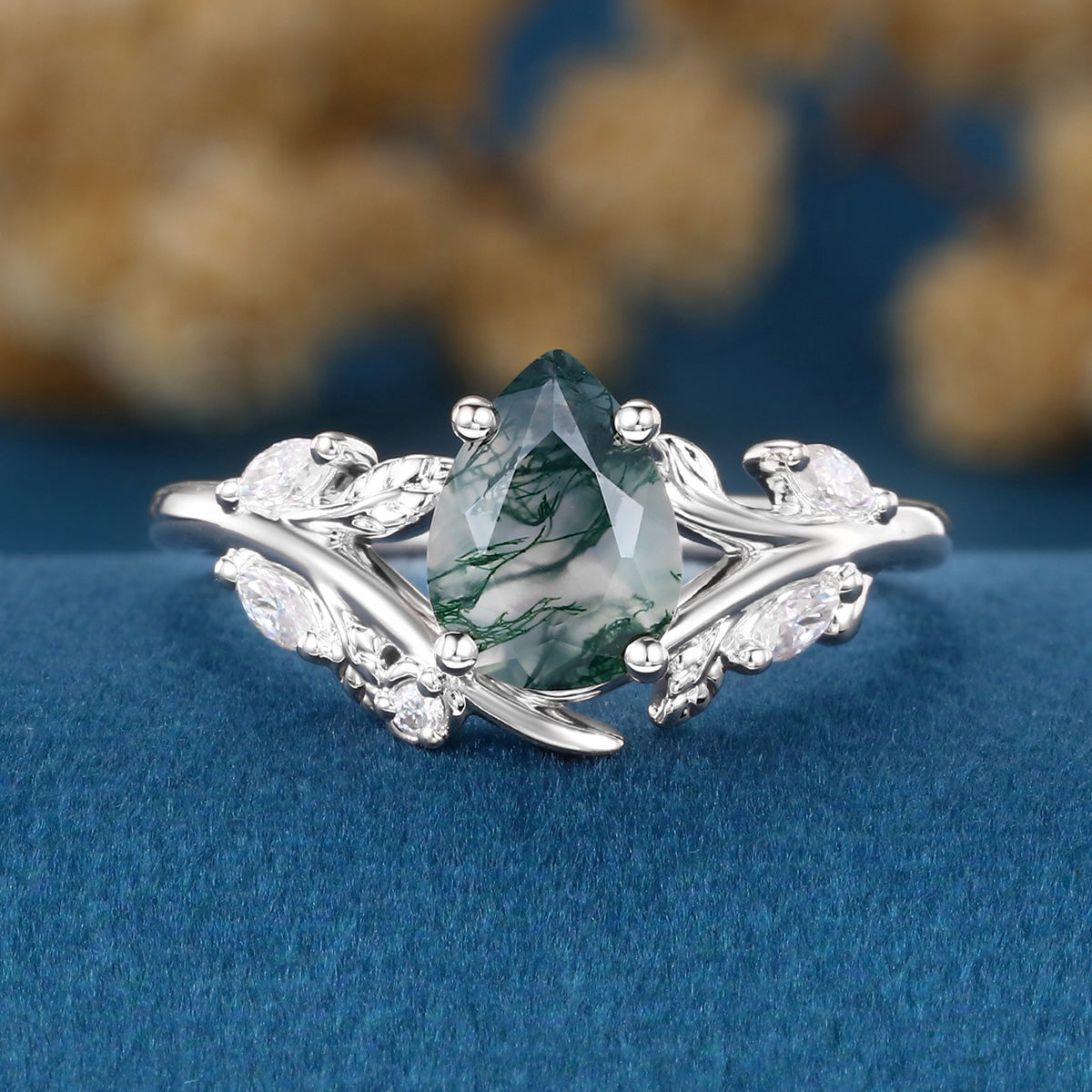 Nature Inspired Pear cut Moss agate Engagement Ring