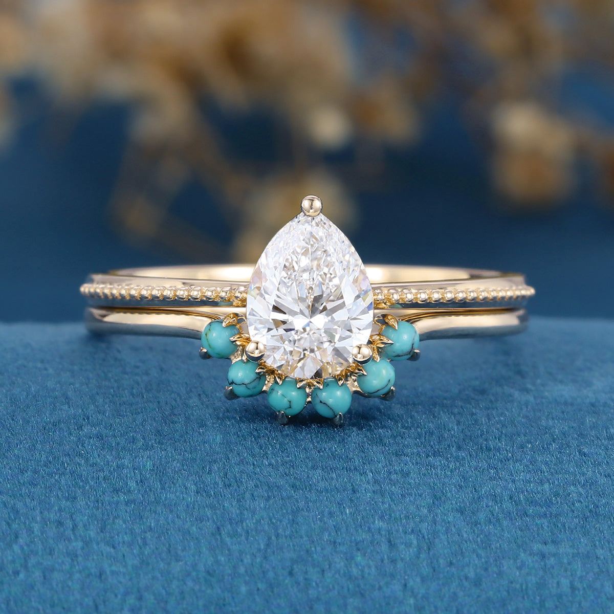 1.2 Carat Pear cut Lab Grown Diamond + Turquoise Wedding bridal set
