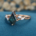 Kite cut Lab grown Blue green Sapphire Solid Gold Engagement Ring