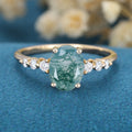 Oval Cut Natural Green Moss Agate Cluster Engagement Ring