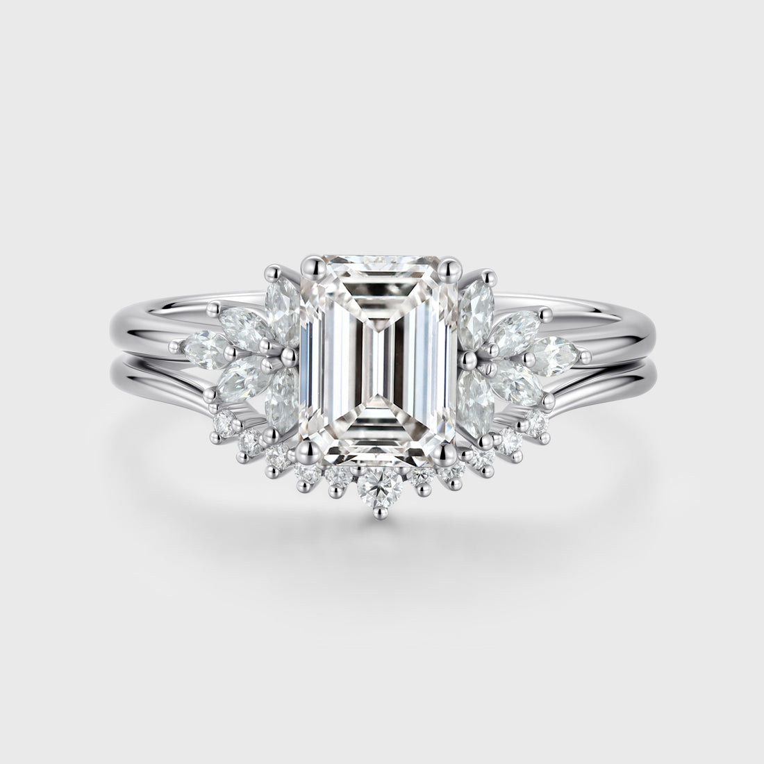 1.7Carat Emerald cut Moissanite Cluster Engagement ring Bridal Set