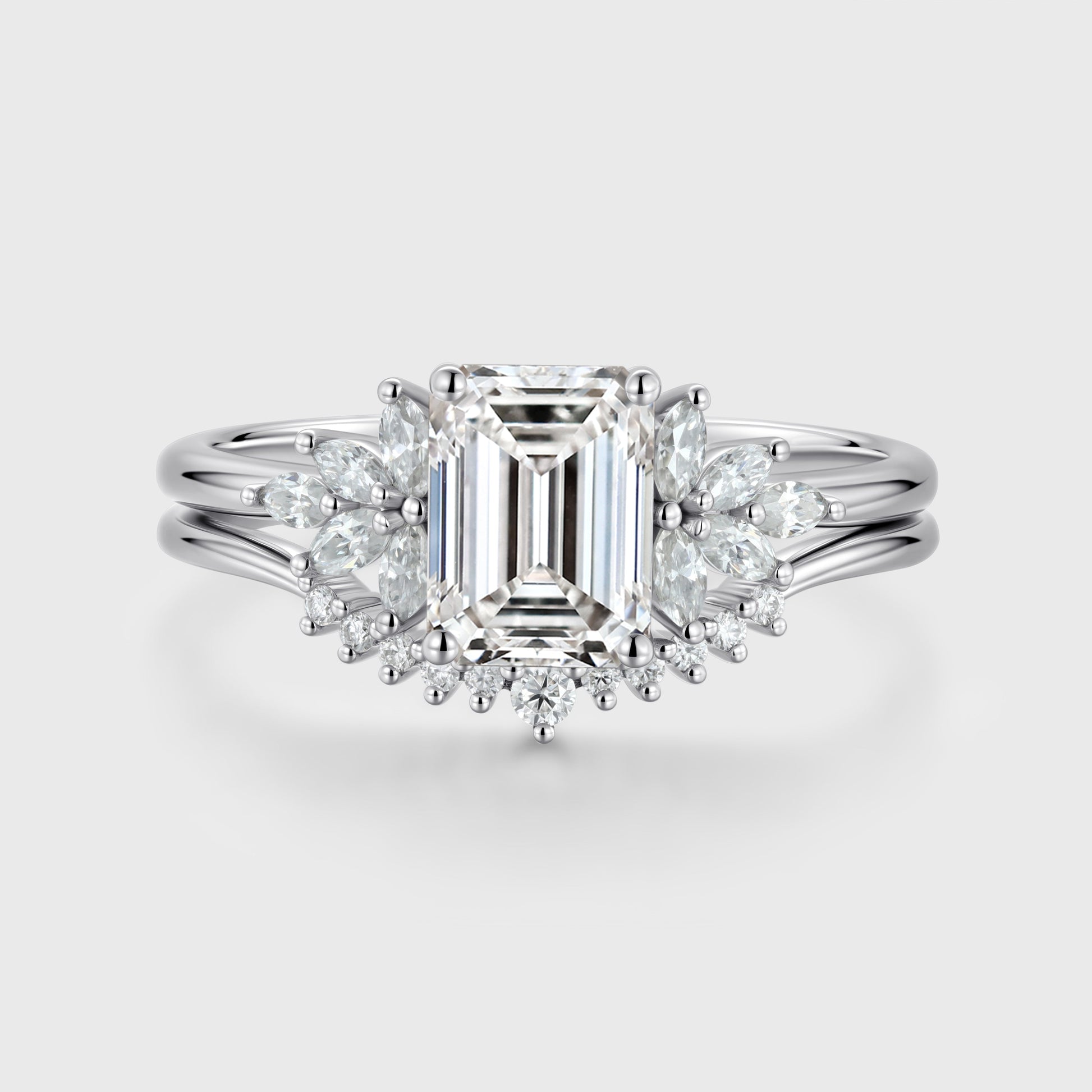 1.7Carat Emerald cut Moissanite Cluster Engagement ring Bridal Set