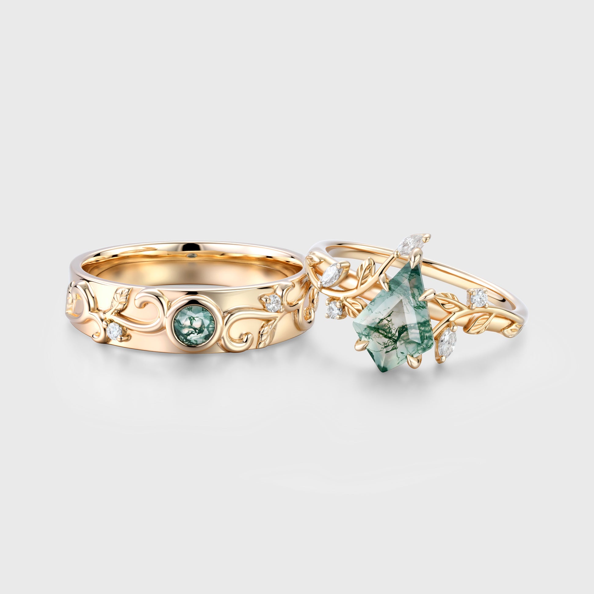 Kite Green Moss Agate & Whiskey Barrel Couples Ring Set- His and Hers Wedding Band Rose Gold Matching Promise Rings