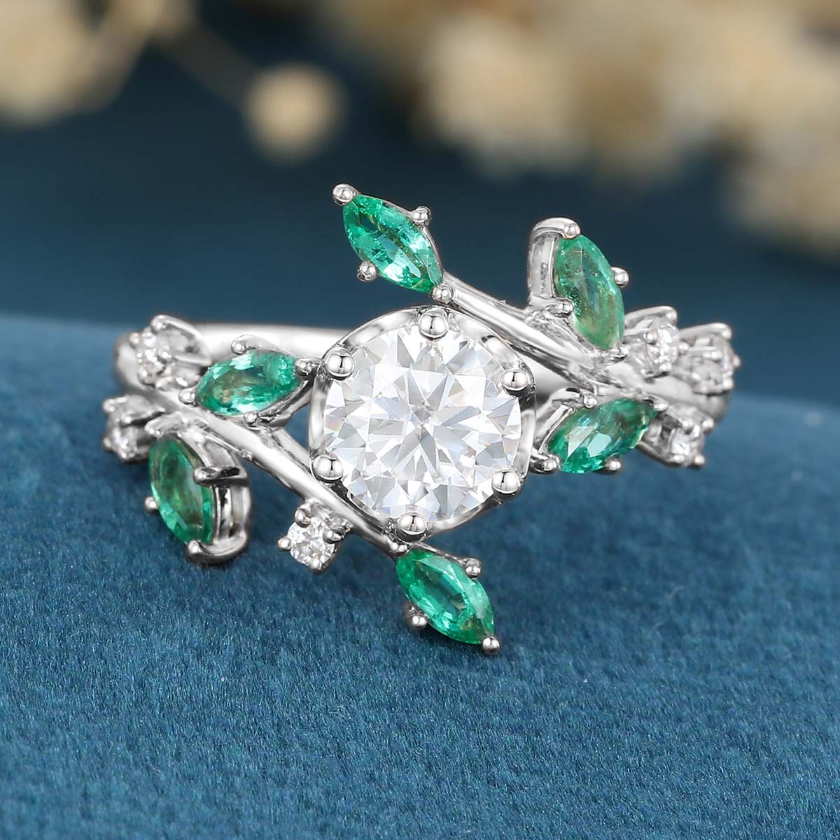 Copy of Nature Inspired Round cut Moissanite | Natural Emeralds Gold Engagement Ring