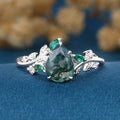 Pear cut Moss Agate + Lab Emerald Engagement Ring