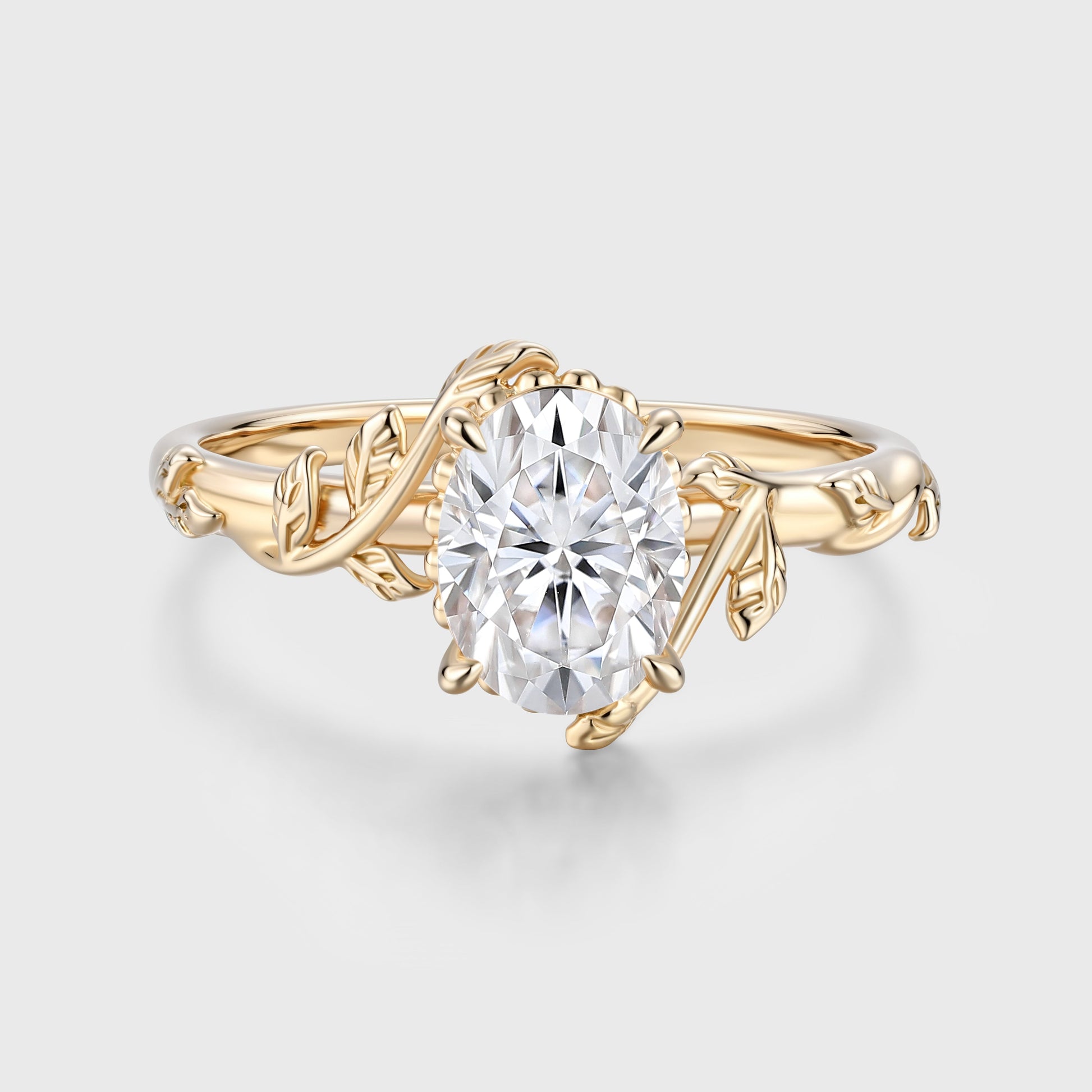 Nature Inspired Oval cut Moissanite Leaf Gold Engagement Ring