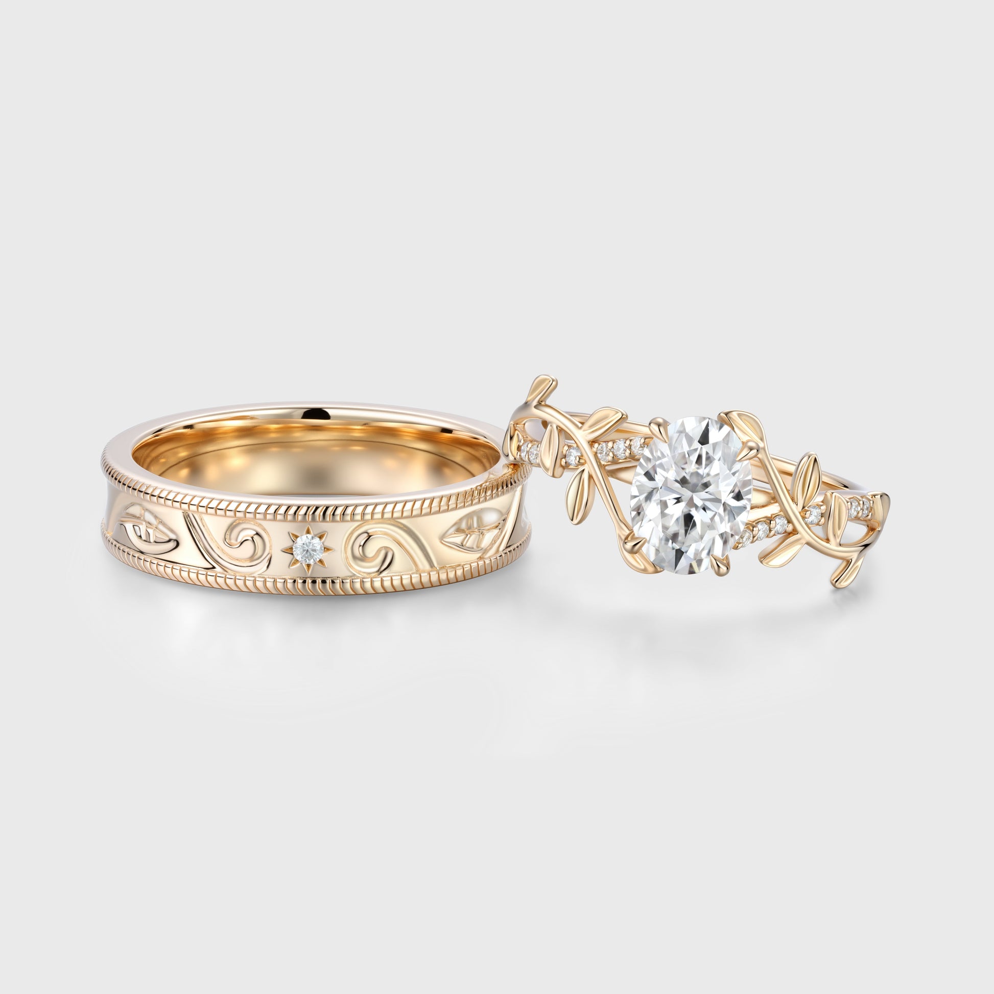 Nature Inspired Oval cut Moissanite Leaf Gold Engagement Ring