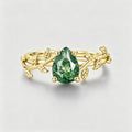Nature Inspired Pear cut Moss Agate Leaf Gold Engagement Ring