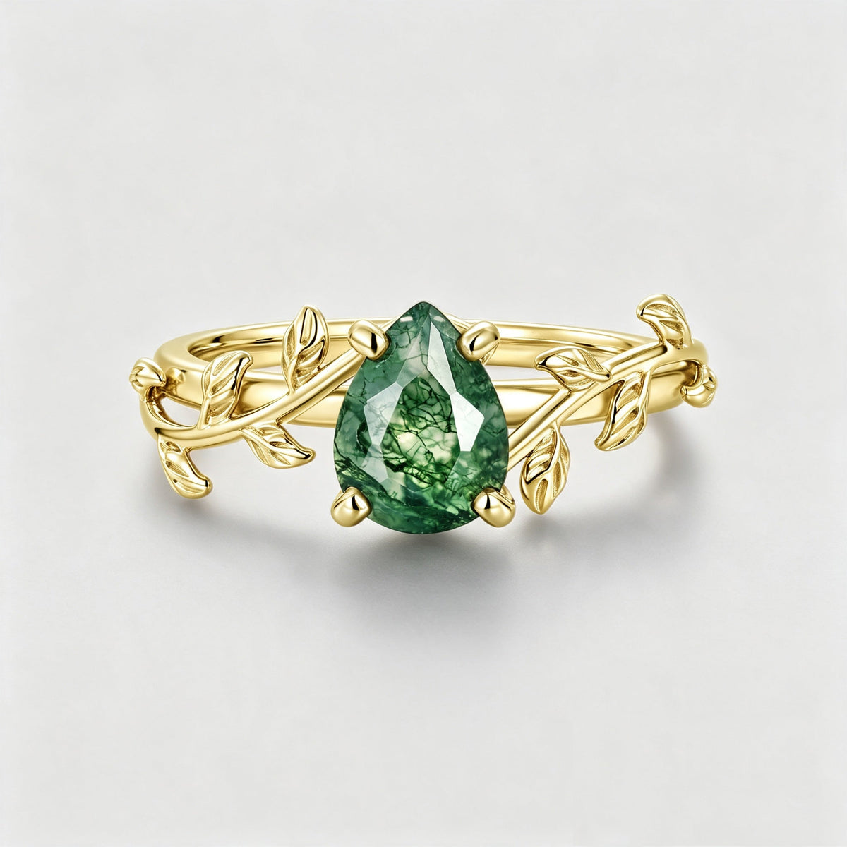Nature Inspired Pear cut Moss Agate Leaf Gold Engagement Ring