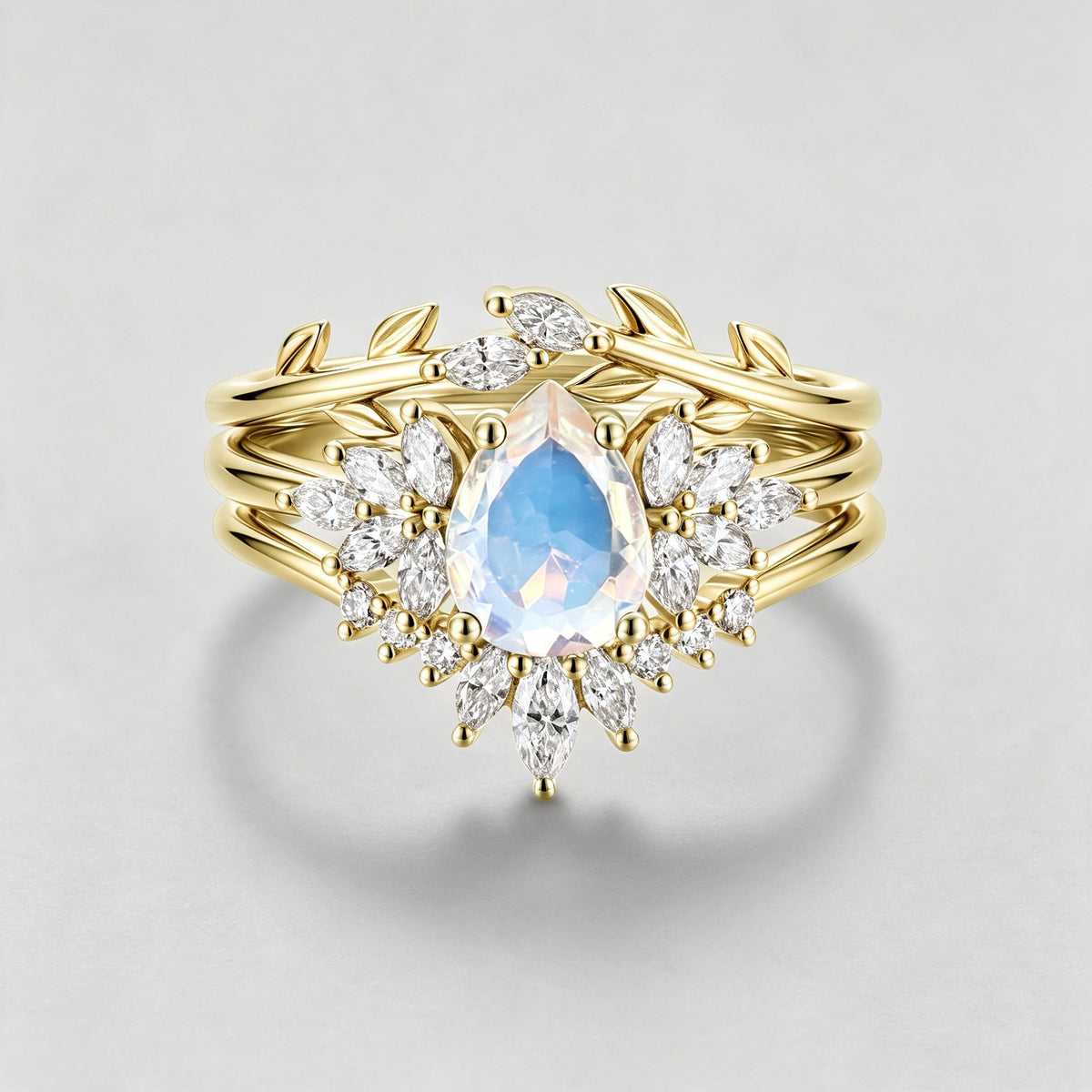 3PCS Pear Moonstone Cluster Engagement Ring Bridal Set