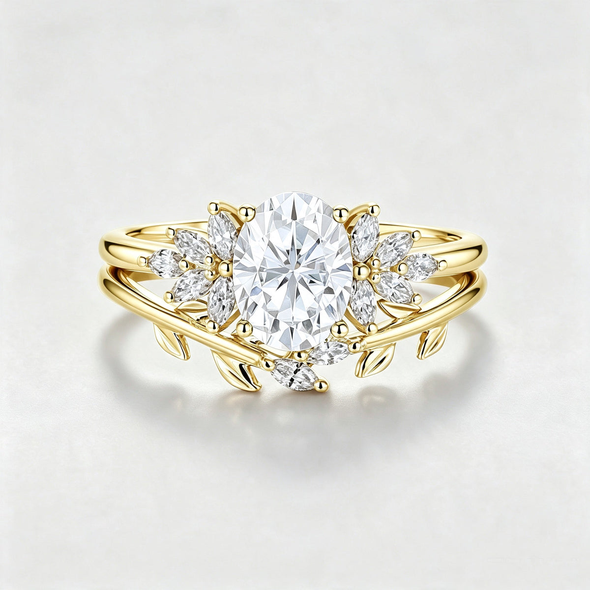 1.5 Carat Vintage Oval cut Moissanite Cluster Engagement ring Bridal Set