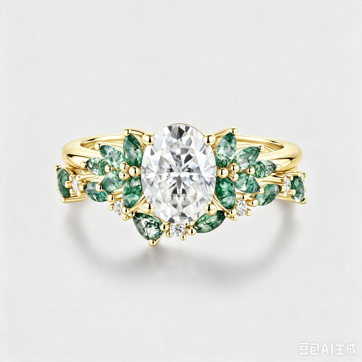 Oval cut Moissanite Engagement ring +Moss agate Wedding Bridal set