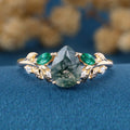 Pear cut Moss Agate + Lab Emerald Engagement Ring