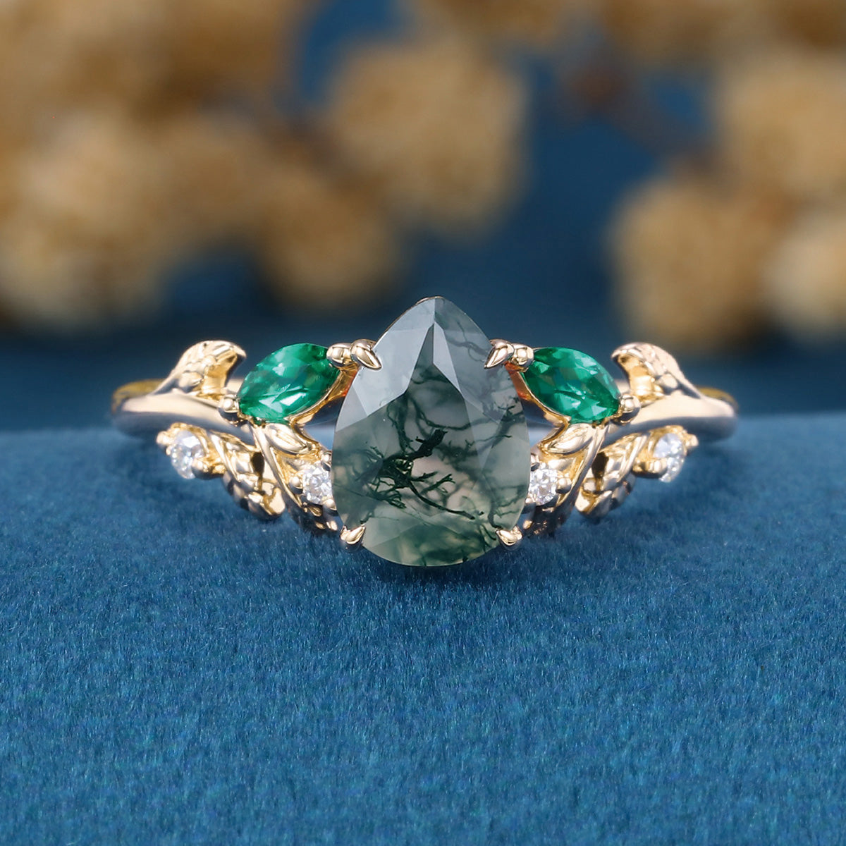 Pear cut Moss Agate + Lab Emerald Engagement Ring