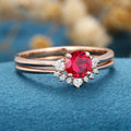 Round  cut Lab Ruby Cluster Engagement ring Bridal Set 