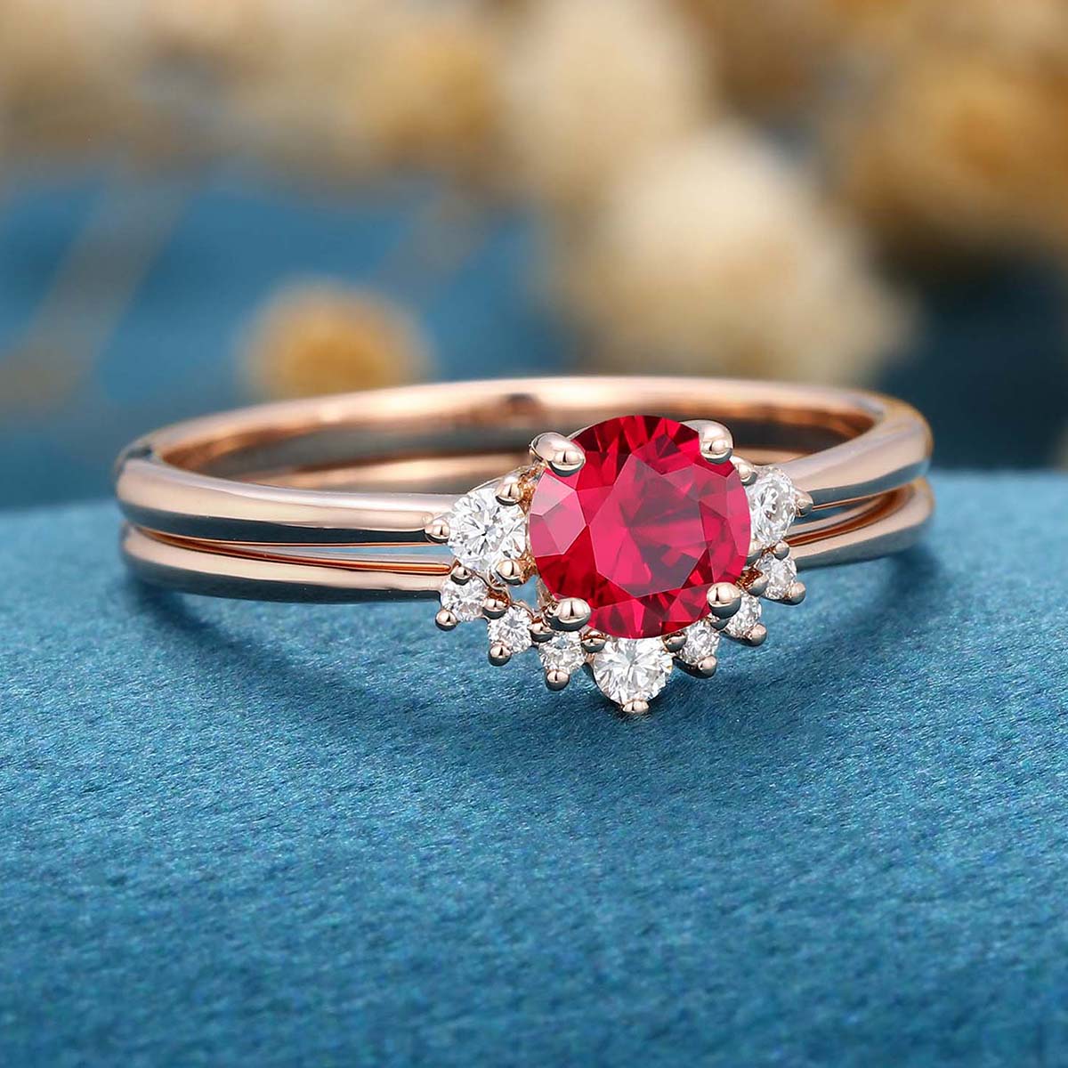 Round  cut Lab Ruby Cluster Engagement ring Bridal Set 