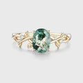 Nature Inspired Oval cut Moss Agate Leaf Gold Engagement Ring