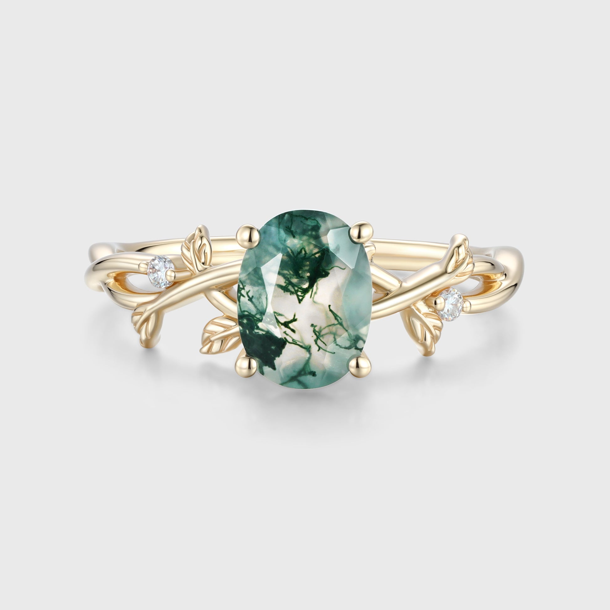 Nature Inspired Oval cut Moss Agate Leaf Gold Engagement Ring