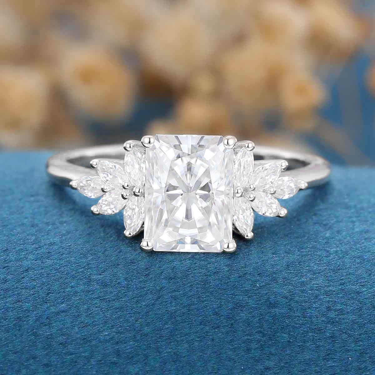 Radiant cut Moissanite Cluster Engagement ring