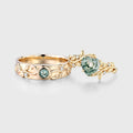 Forever Glow Moss Agate Couple Rings | Rose Gold Leaf Wedding Bridal Set