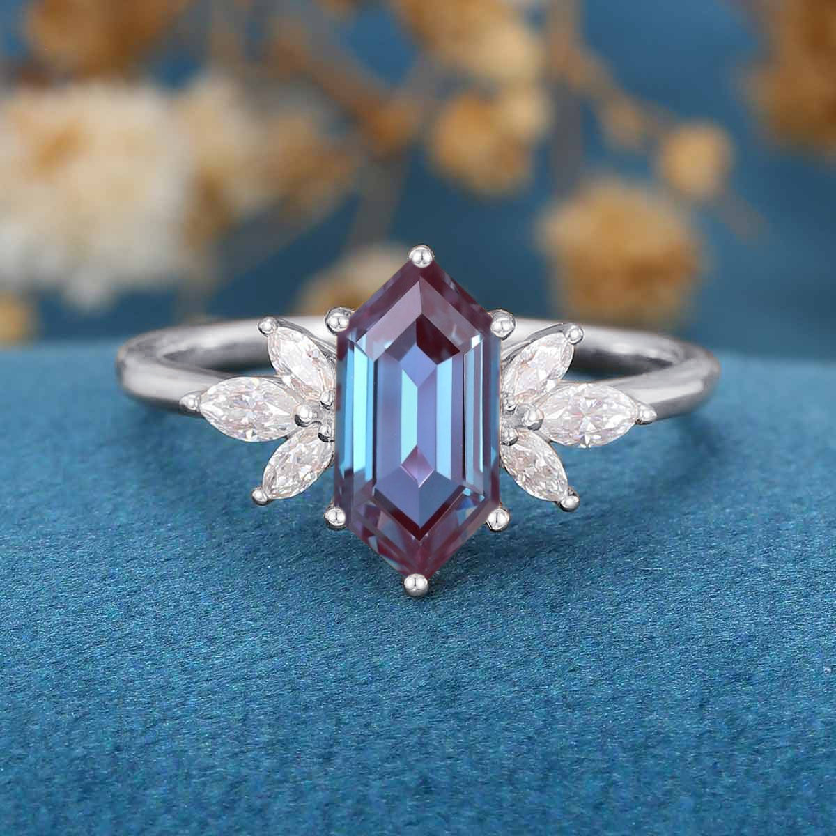 Long Hexagon cut Lab Alexandrite | Diamond Engagement ring