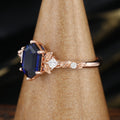 Long Hexagon cut Lab Sapphire + Diamonds Leaf Gold Engagement Ring