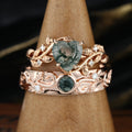 Forever Glow Moss Agate Couple Rings | Rose Gold Leaf Wedding Bridal Set