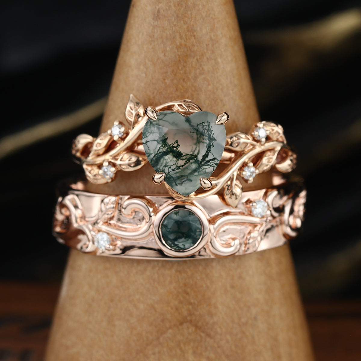 Forever Glow Moss Agate Couple Rings | Rose Gold Leaf Wedding Bridal Set