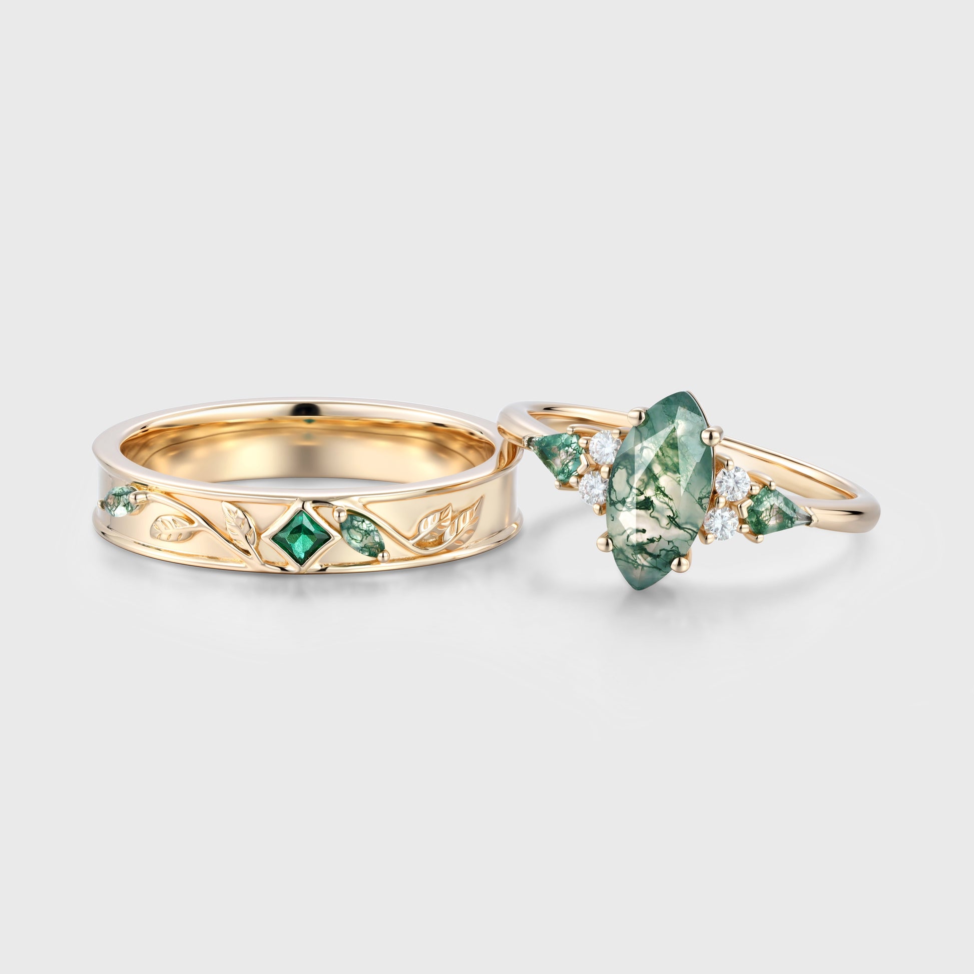 Forever Glow Moss Agate Couple Rings | Rose Gold Leaf Wedding Bridal Set (Copy)
