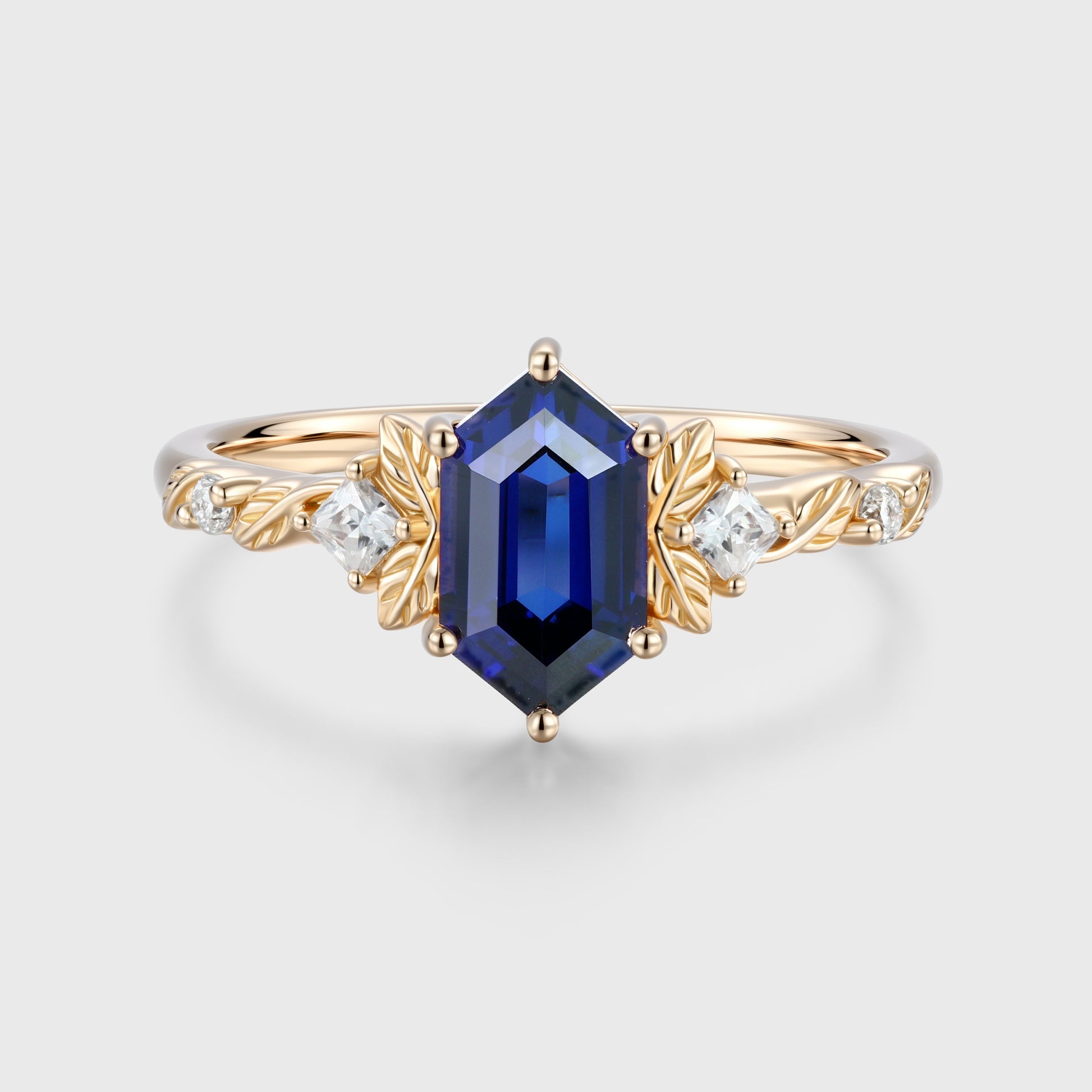 Long Hexagon cut Lab Sapphire + Diamonds Leaf Gold Engagement Ring
