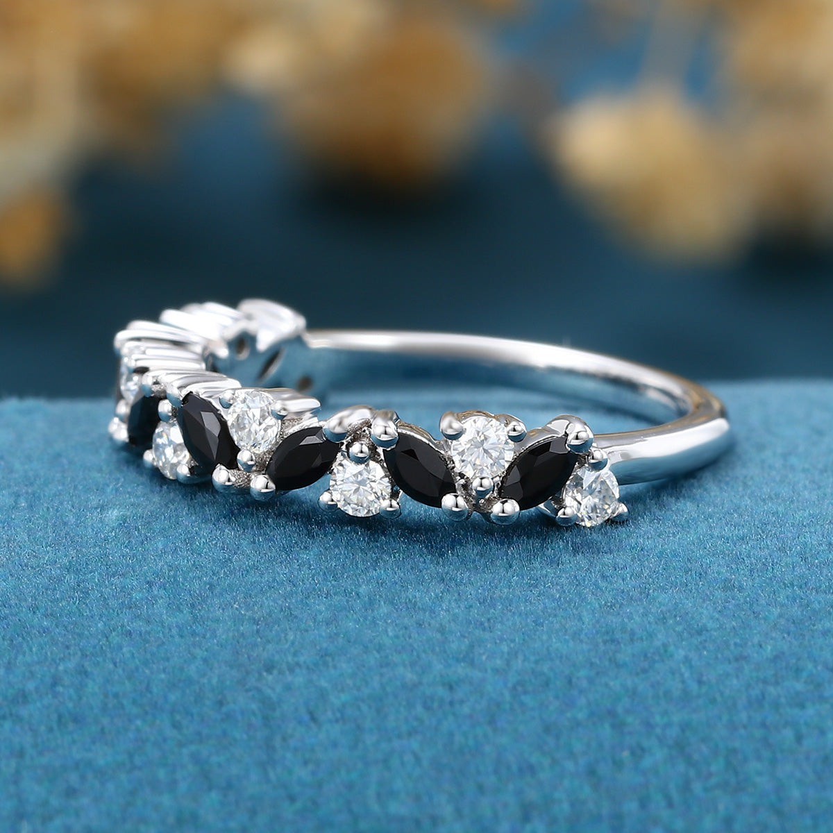 Black Onyx Matching Moissanite | Diamond Half Eternity Wedding Band